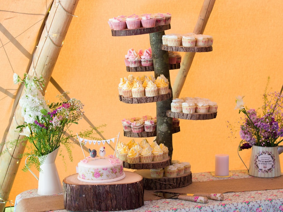 Log cake stand for Bodenham Arboretum Teepee Wedding by Sami tipi