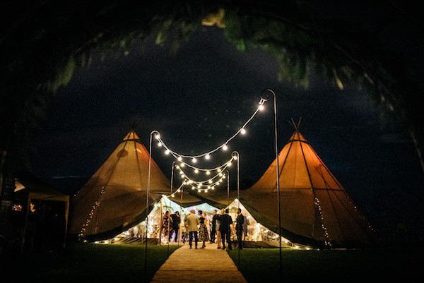 Derbyshire Tipi Wedding Celebration in Two Giant Hat Tipis at Night
