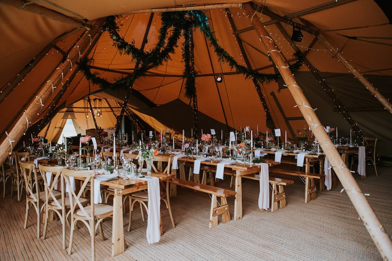 Tipi Tables setup for wedding breakfast