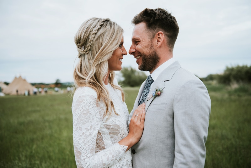 Becky and James, boho wedding couple