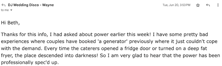 DJ wedding Feedback on Power being specced out 