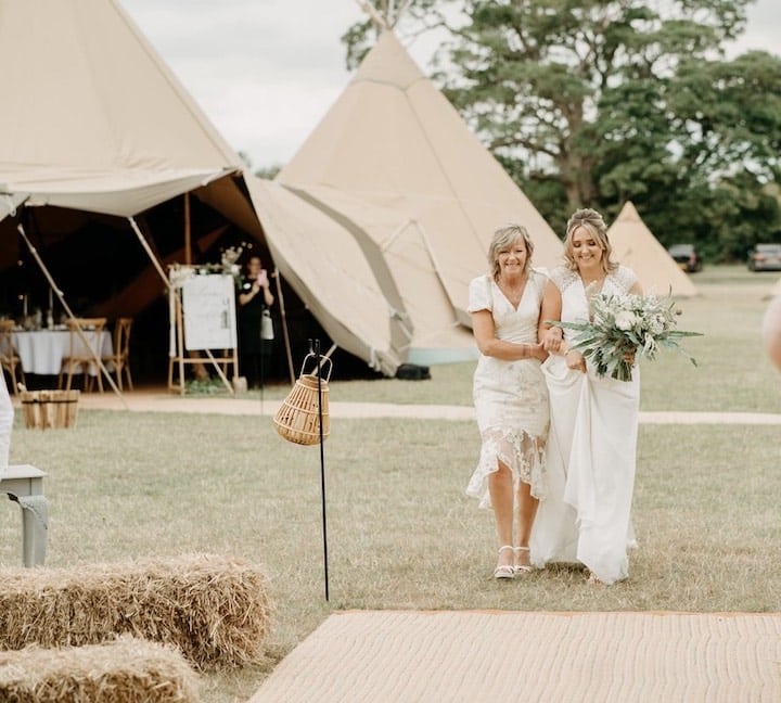 Boho Style Tipi Wedding, bride and mum walking down the aisle